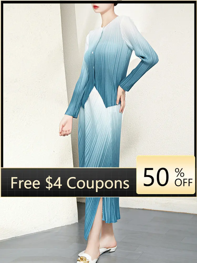 

Fashion women's pleated suit women's high-end gradient color royal sister style cardigan skirt two-piece set