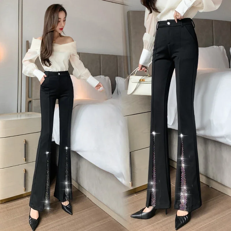 

Korean Style Mesh Spliced Split Flare Pants Women Clothes Spring Autumn Casual Black Slim Fashion High Waist Cropped Pants Lady