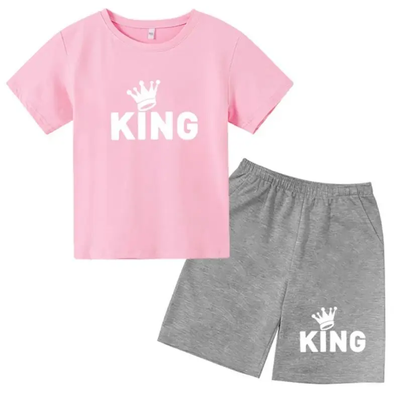 thumbnail image 1 of Conjunto de 2 piezas de camiseta y pantalones cortos con estampado de letras para niños y adolescentes de verano de 4 a 14 años, ropa informal de manga corta para niños y niñas, 1 of 5