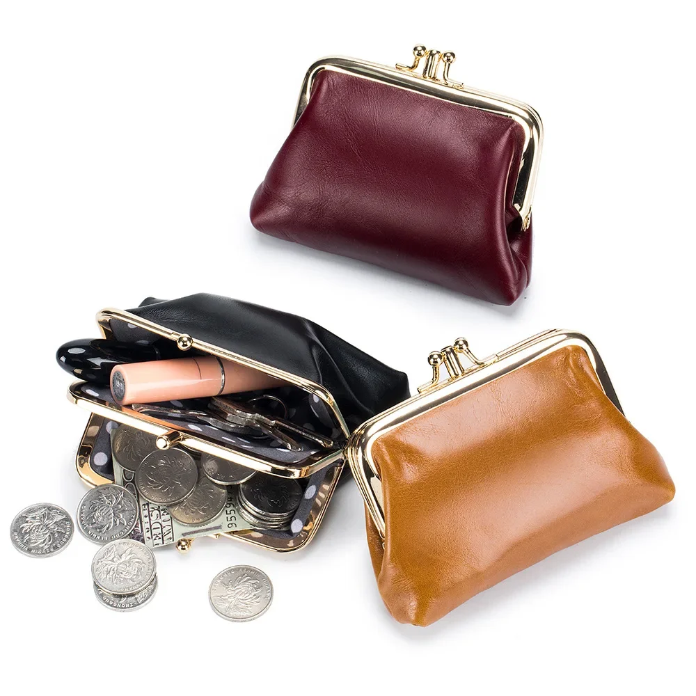 

URBAN MASTER Double Layer Coin Purse for Women Mini Oil Wax Skin Storage Bags Genuine Cow Leather Fashion Mouth Gold Bag 2075