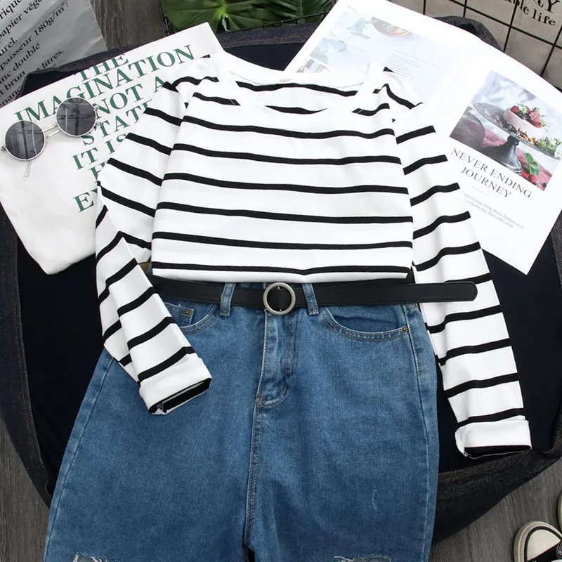 Spring T-Shirt Women Korean Clothes White Long Sleeve Hot Sale Casual Striped Harajuku Regular Ulzzang Students Ins Mature 5