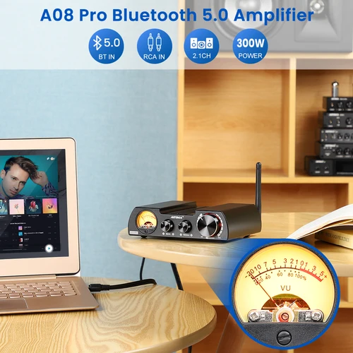 AIYIMA 블루투스 5.0 파워 앰프, 스테레오 오디오 앰프 스피커, 홈 앰프, 300W x 2 VU 계량기 증폭, A08 Pro TPA3255 3