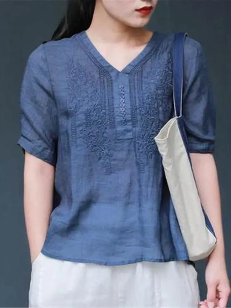 Linen Lace Women Vintage Thin Shirts Tops V Neck Half Sleeve Blouses