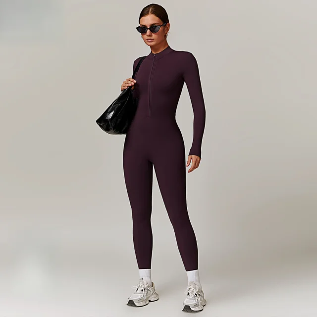 FUBEIKE Zipper Nude Feel Close-fitting Fleece Yoga Jumspsuit Outdoor Winter Warm Bodysuit Seamless Tights Woman Sportswear 2