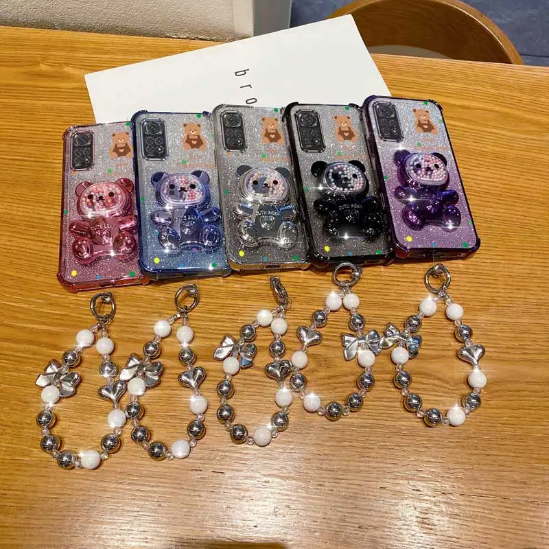 Pearl Glitter Bear Phone Holder Case with Strap
