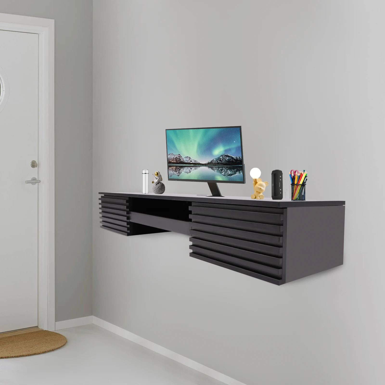 Floating Desk with Pull Out Drawer, Wall Mounted Laptop Computer Write Study Table Multifunctional Workstation Office Organizer 2