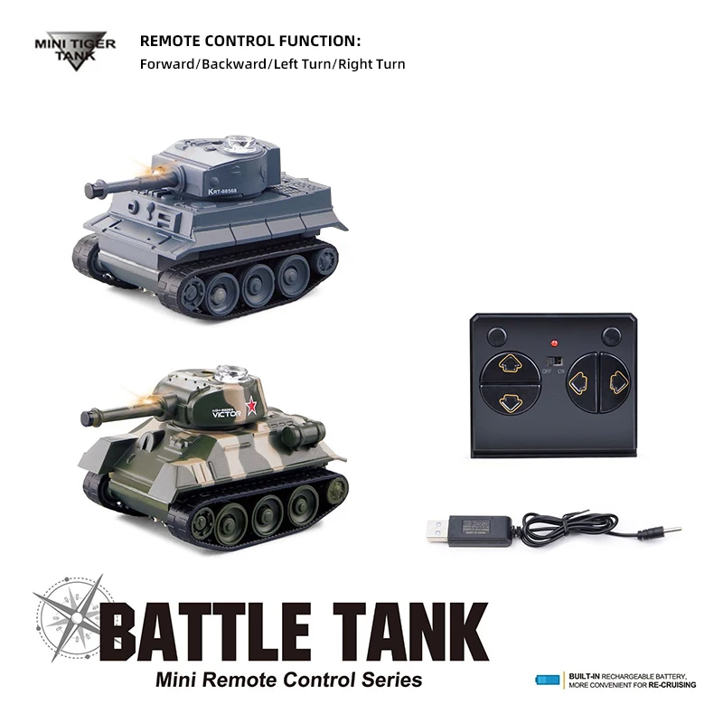 Trois mini chars télécommandés RC 6,8 cm en camouflage rouge, bleu et jaune alignés.