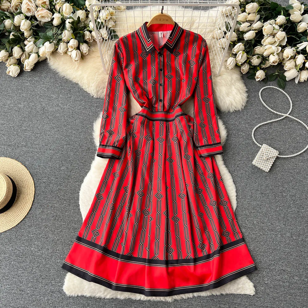 

Dresses Spring New Fashion Print Long Sleeve Waist Slim Mid Length Large Swing A-line Trend