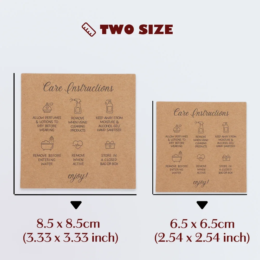 50 Stuks Afdrukbare Vierkante Wit Bruin Engelse Onderhoudsinstructies Kaart Voor Sieraden Maken Ketting Zorg Inzetstukken Diy Accessoires