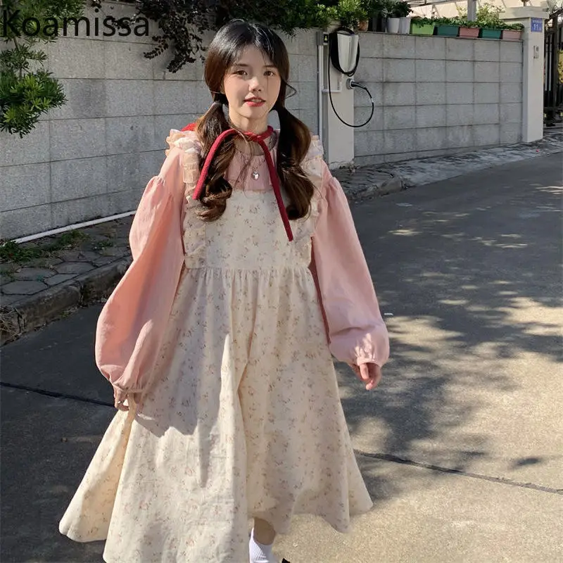 

Koamissa Sweet Women Two Pieces Set Casual Loose Blouse Floral Loose Spring Autumn Overall Maxi Dress Chic Korean Outfits