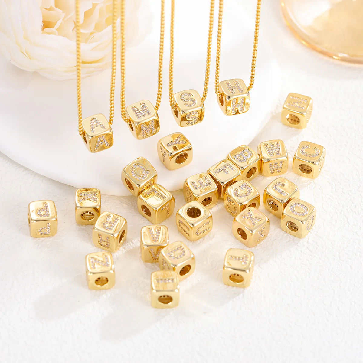 Chic Mini Cube Alphabet Letter Necklace Personality Stylish Zircon Initial Stainless Steel 18K Gold Plated Clavicle Chain Choker