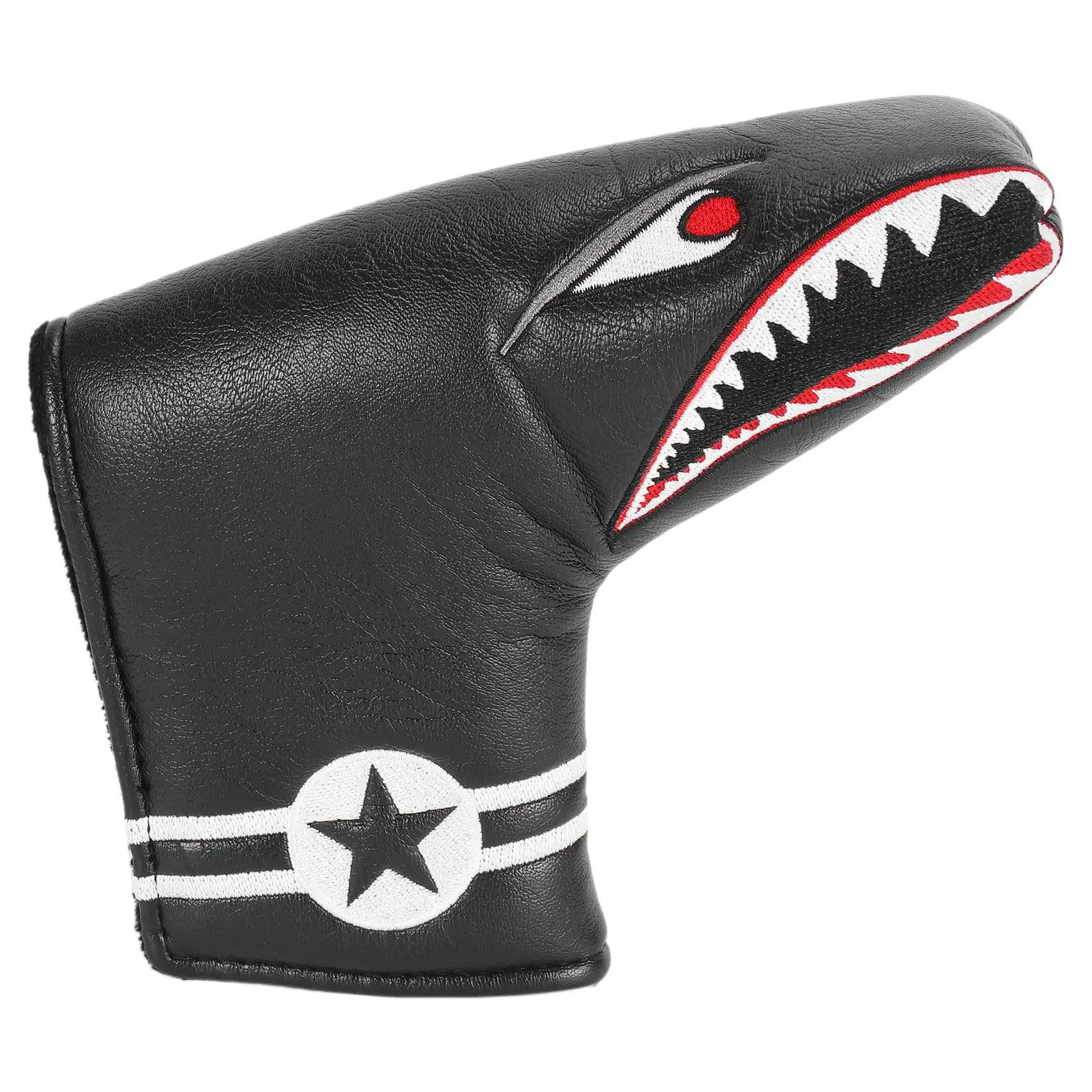 

1Pc Black PU Leather with Shark Embroidery Magnet Golf Blade Putter Head Cover Golf Club Putter