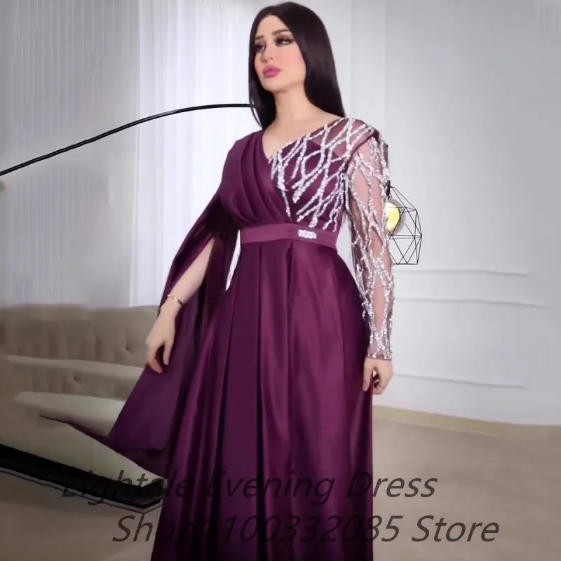Eightale Ankle Length Purple A Line Satin Arabic Evening Dress