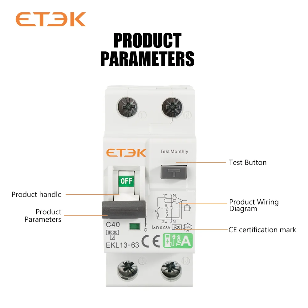 Circuit Breaker ETEK Residual Automatic Circuit Breaker A Type C Curver 30mA 40A 1p+N 2p with Over Current Leakage Protection 6KA RCD EKL13