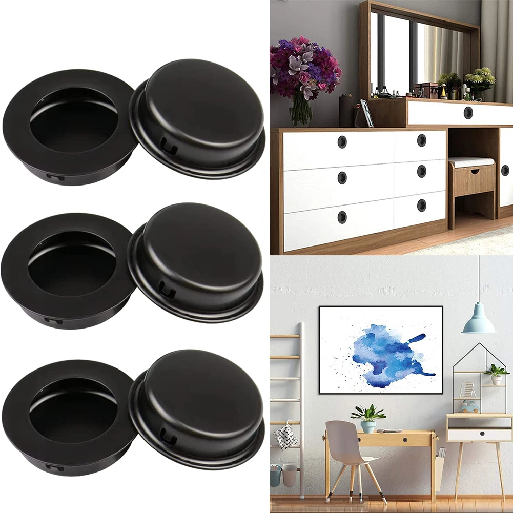 Cabinet handles door handles 6 PCS retro cabinet door handles stainless steel recessed invisible handle cabinet pulls door disk room round ring handle pull