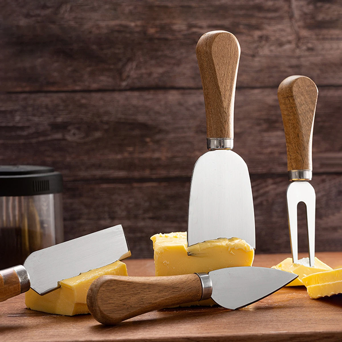 Leeseph 4pcs Cheese Knives Set with Wooden Handle, Steel Stainless Cheese Knife for Charcuterie Spread and Butter Cutter