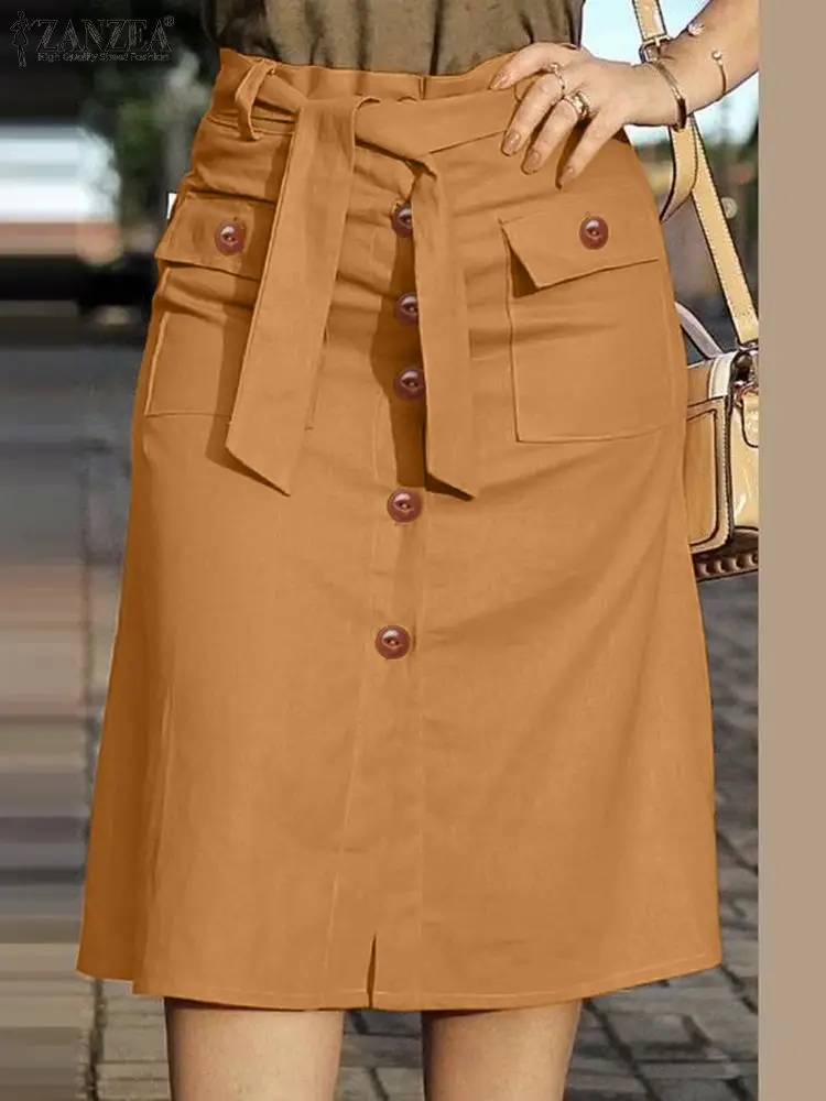 

ZANZEA Summer Midi Skirt Women Elegant Solid OL Skirt High Waist Faldas Saia Jupe Fashion Cargo Vestido Buttons Down Sundress