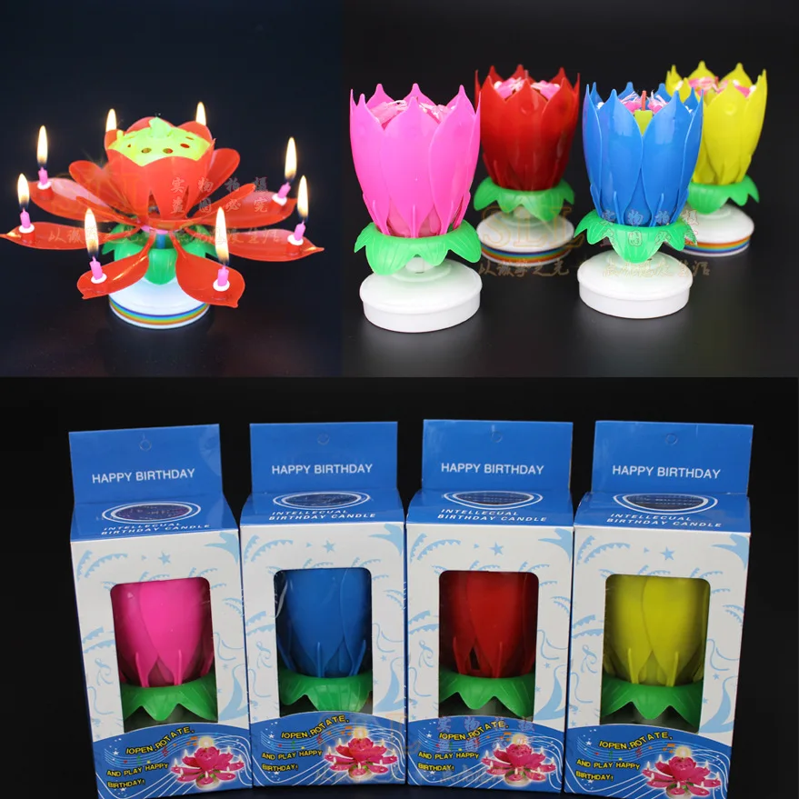 Artificial Lotus Music Candle Blossom Birthday Party Cake Topper Decoration Flat Bottom Rotating Electronic |