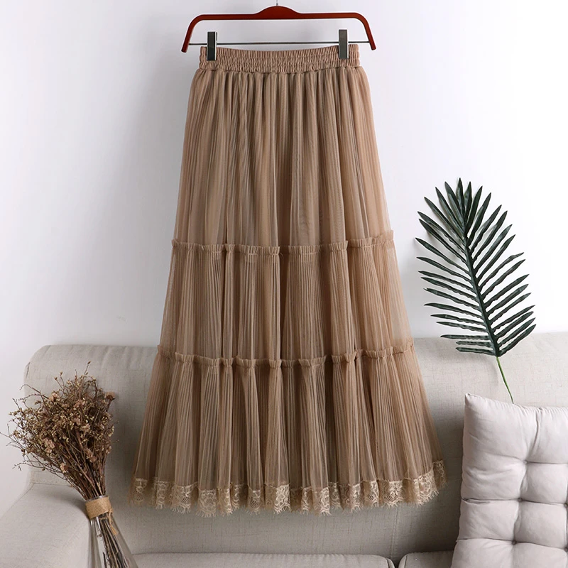 Skirts Harajuku Solid Tulle Skirts Preppy Style A-Line High Waist Pleated Faldas Mujer Korean Summer Beach Style Female Skirt crop top with skirt