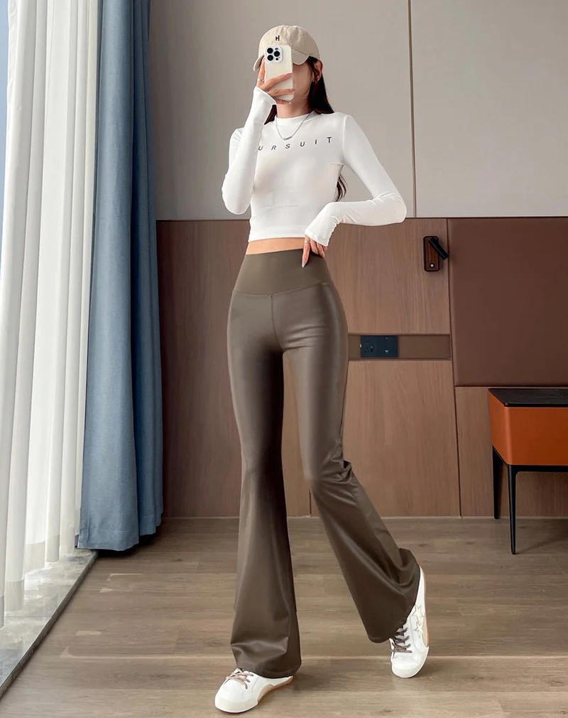 BIVIGAOS Autumn Winter Light Fleece Micro Flared Leather Pants Women's Fashion Tight Elastic PU Leather Splicing Flared Leggings