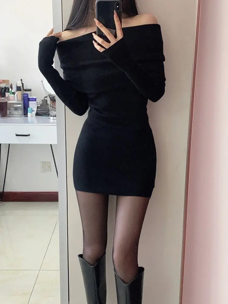 Off Shoulder Slim Waist Tunic Solid Dresses Slash Neck Long Sleeve Fashion Y2k Aesthetic Vestidos Women Sweet Elegant Chic Dress