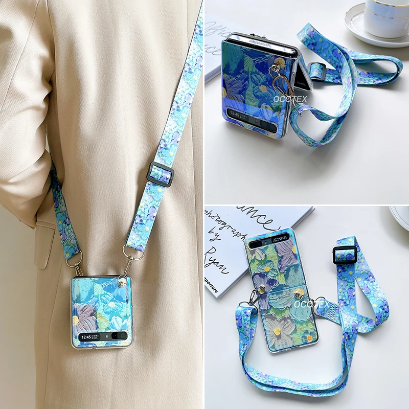 Oil Painting Flower Crossbody Lanyard Strap Case with Blu-ray Hard Armor Cover