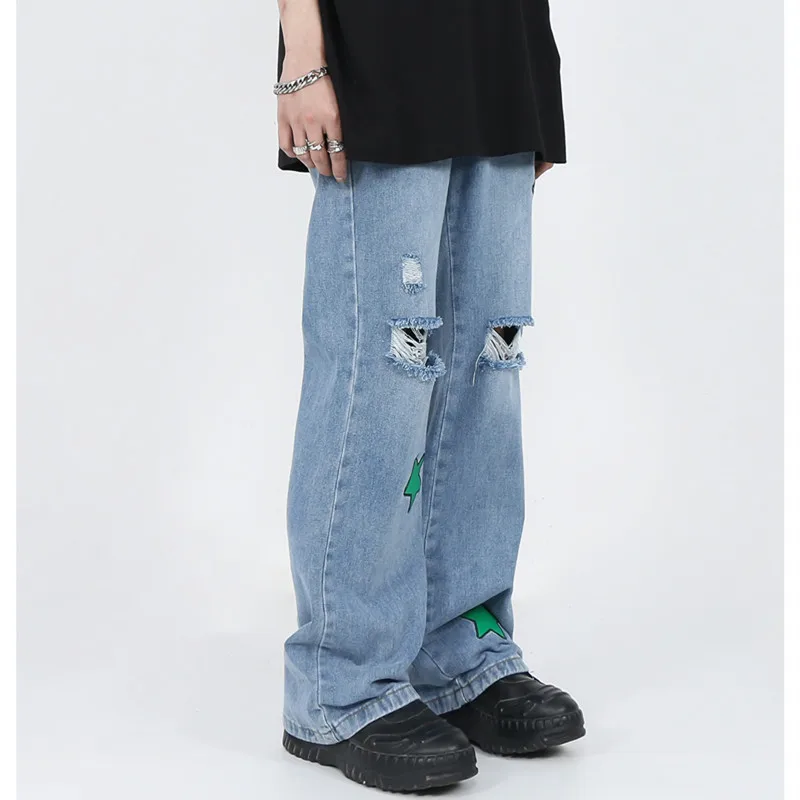 2022 New Fashion Letter Star Embroidery Baggy Men Hip Hop Jeans Pants Ripped Hole Straight Vintage Denim Trousers Pantalon Homme