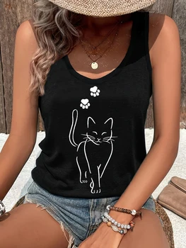 T-shirt Cat Kawaii Design Printed Vest  Graphic Print Tank Top Women’s Sleeveless Crew Neck Casual Top for Summer Spring 1