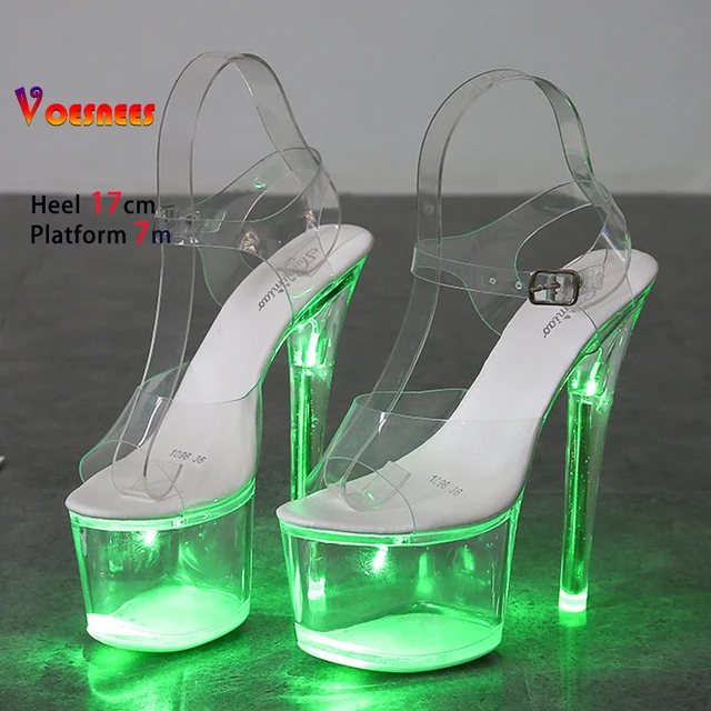 17CM Stripper Heels Women Glitter Shoes Clear Heel Light-emitting PVC Platform Sandals LED Light Buckle Strap Super High Heels 2