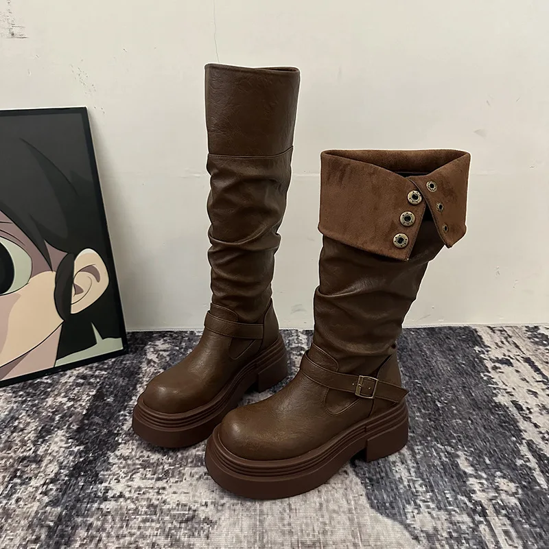 Women's Platform Motorcycle Boots Buckle Strap Thick-soled Boots Feamle New Fashion Black PU Leather Western Knight Botas Mujer