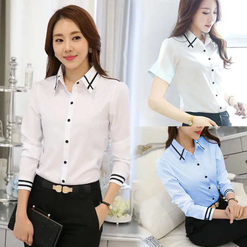 

Women's White Long Sleeve Shirt Ladies Straight Slim Fit Suits Work Clothes Formal Blue Female's Blouse Blusa Mujer