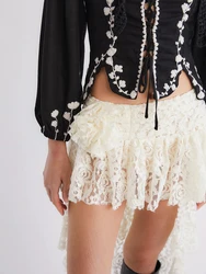 New Fashion Womens Asymetric Long Skirts Flower Lace Ruffles Pleated Skirts Summer Fashion Irregular Casual Skirts Hot Sale