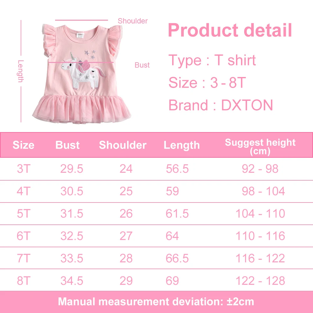 DXTON Children Unicorn Cartoon Embroidery T Shirt Kids Summer Short Shirt Girls Cotton Casual Ruffles T Shirt Children Costumes