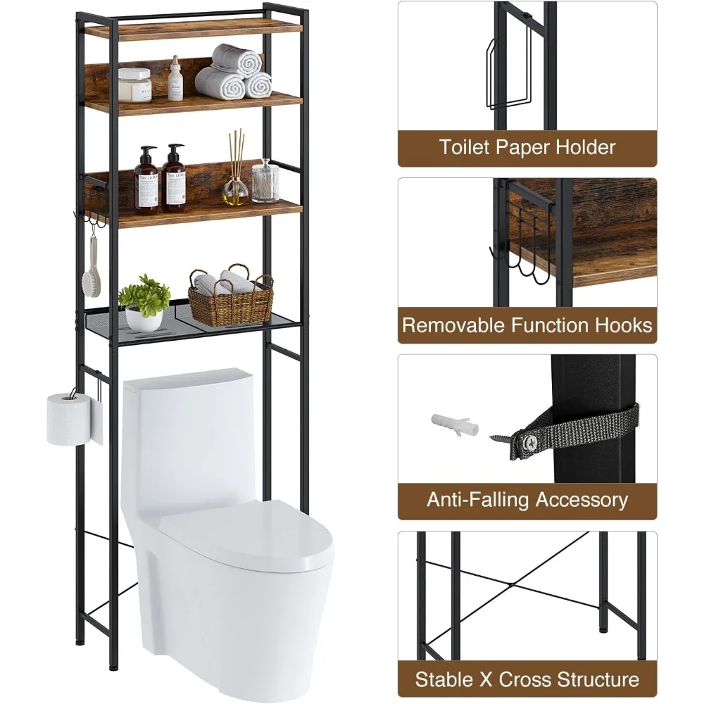 Rolanstar Over The Toilet Storage 4-Tier Wooden Bathroom Space Saver with Hooks Freestanding Bathroom Organizer bathroom furniture