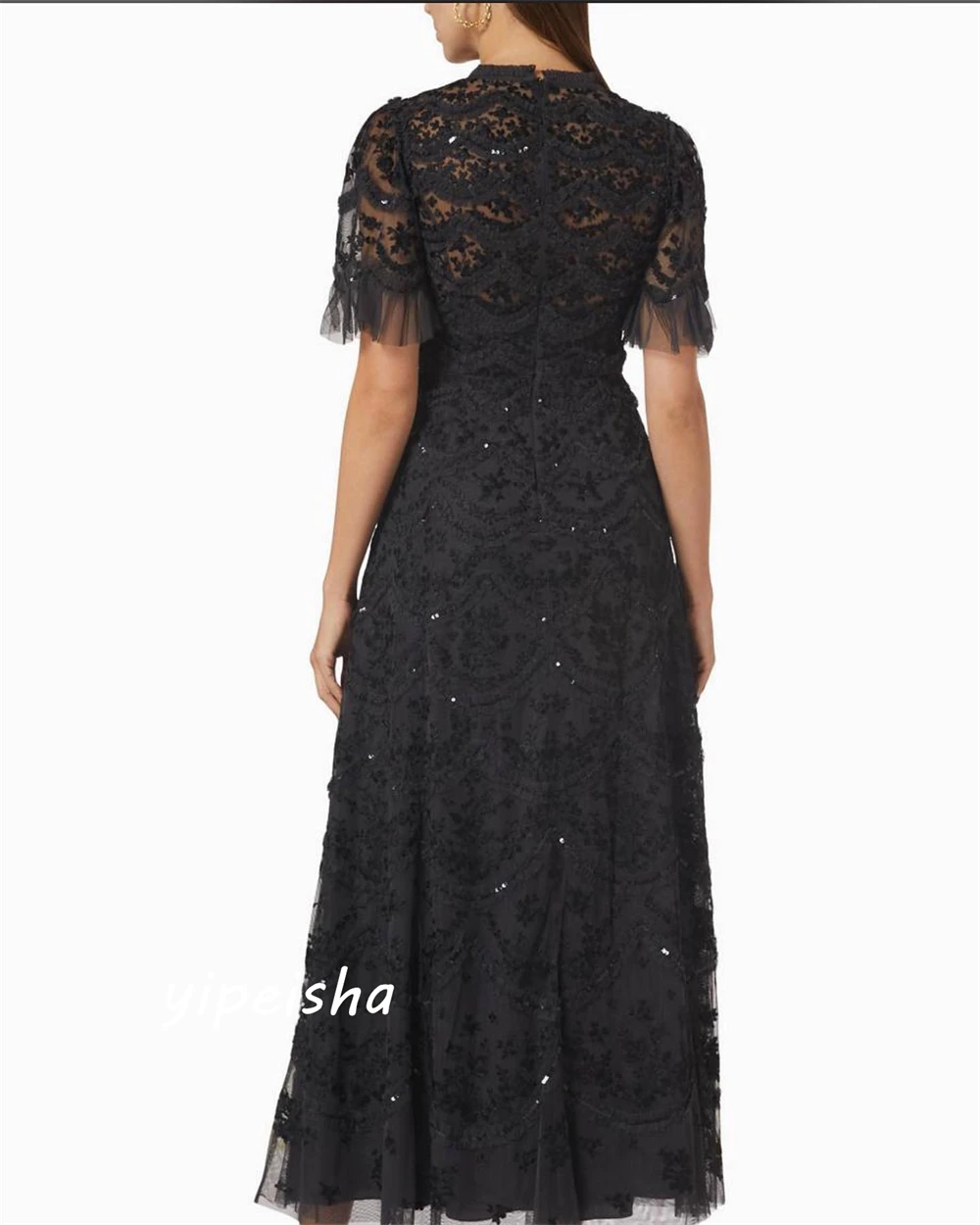 Matching Women High Collar A-line Formal Ocassion Gown Lace Paillette / Sequins Anke Length Skirts Organza Evening Dress