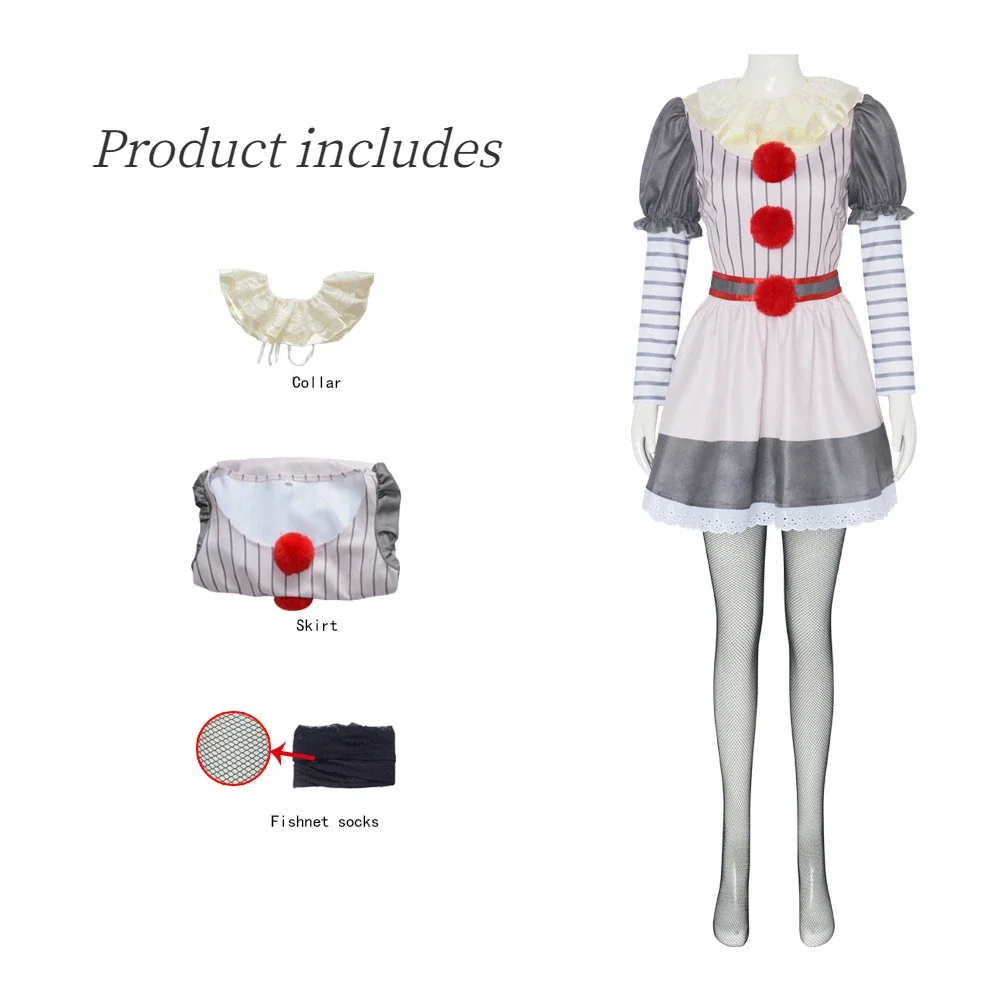 

Movie Horro Cosplay Costume Terror Clown Dress Outfits for Adult Women Children Set Halloween Party Clothes Suits Role Play
