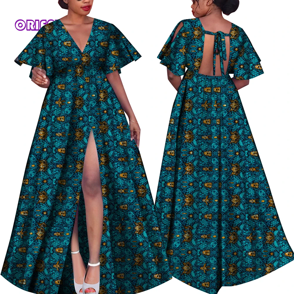 

Women African Dresses Butterfly Sleeve V Neck Backless Long Dress African Print Party Split Dress Robe Africaine Femme WY4126