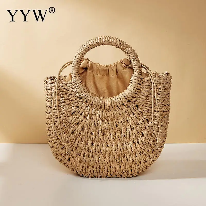 Women Paper Rope Beach Handbag Casual Lady Woven Tote Bag Moon Shaped Top Handle Straw Bags Crossbody Shoulder Purse bolsa femme