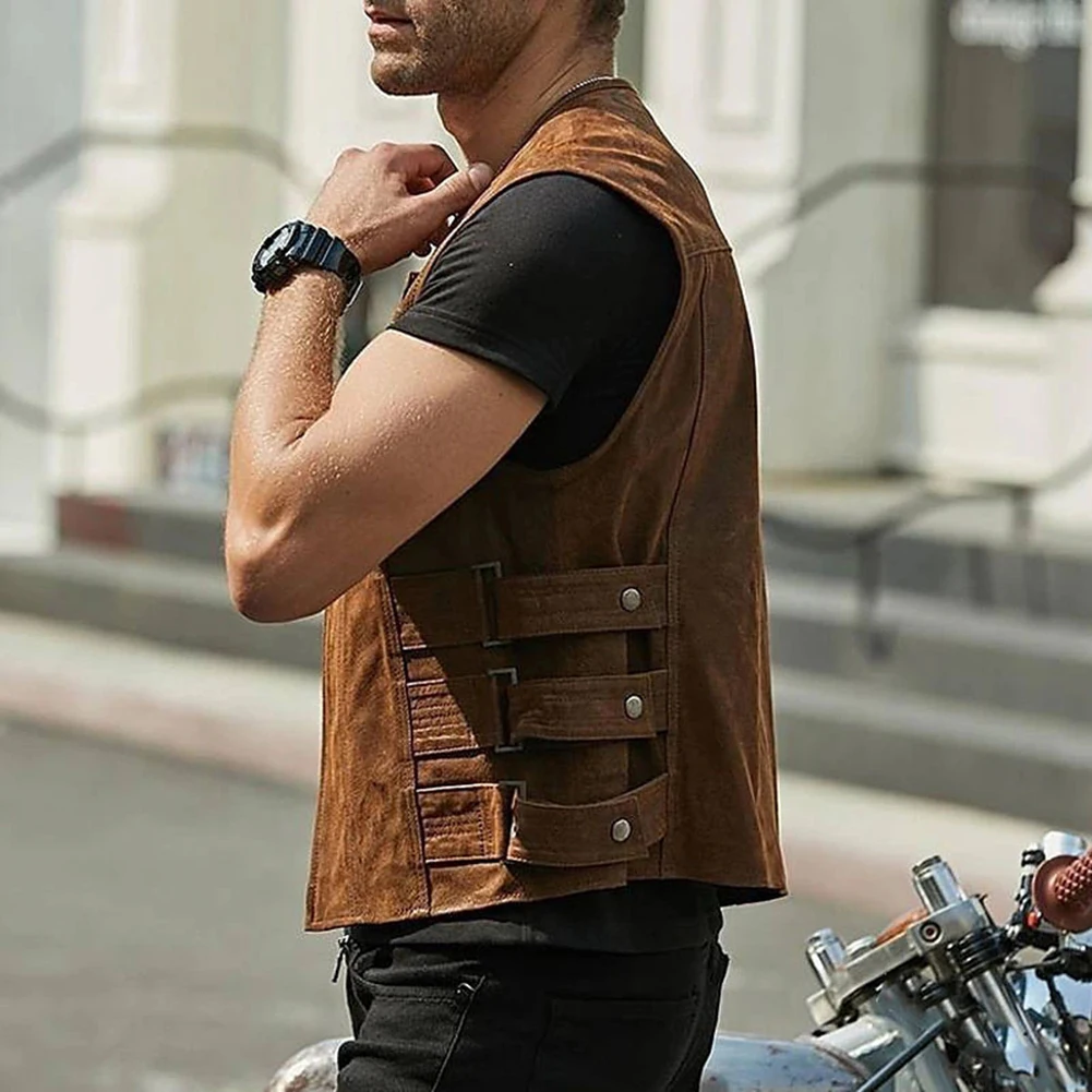 Men's Biker Faux Leather Waistcoat  Motorcycle Black Club Vest with Multiple Pockets  Sleeveless Design for a Cool Look