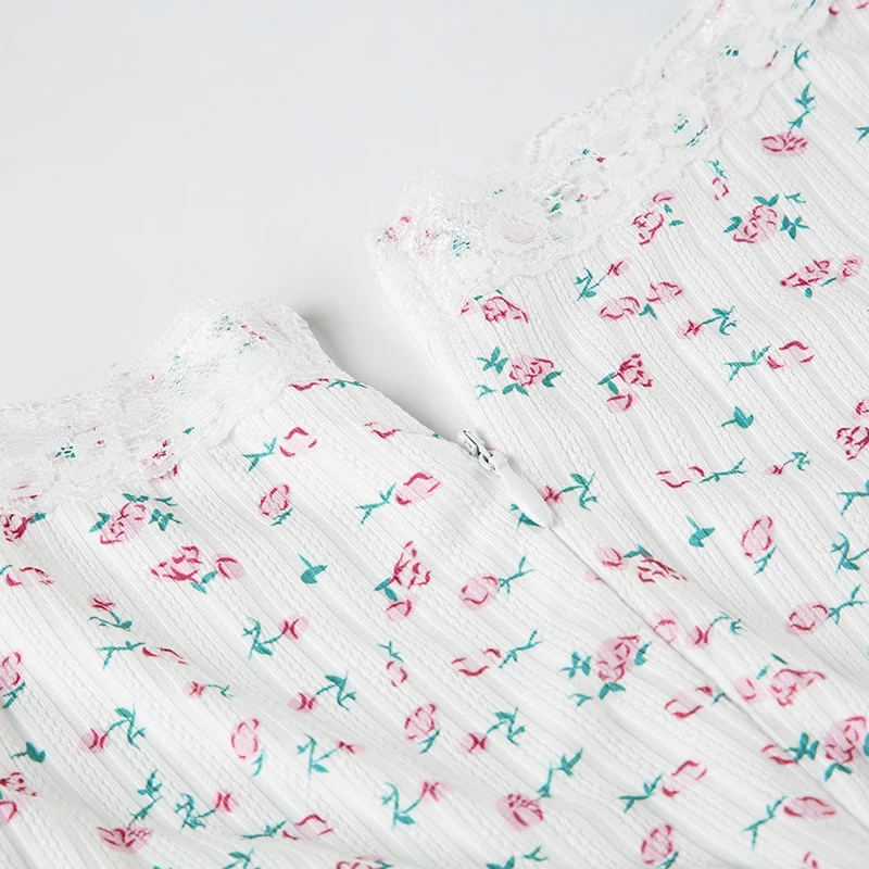 Mono de hada dulce y suave para mujer, con estampado floral, ribete de encaje, escote en V, manga larga, estilo coreano, moderno, bonito