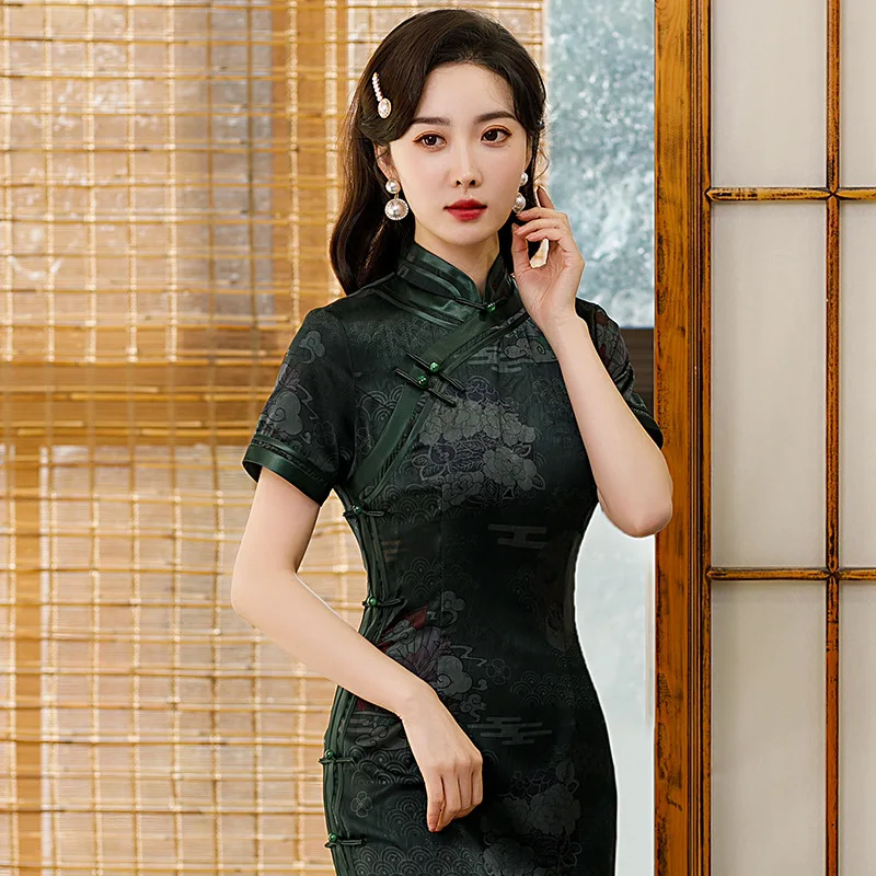 

2022 Summer Women Elegant Vintage Cheongsams Classic Mandarin Collar Retro Flower Chinese Traditional Satin Button Dress Qipao