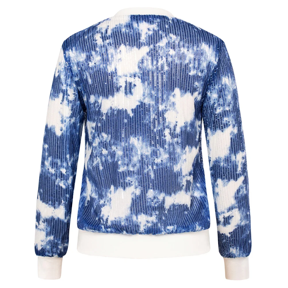 KK Women's Coat Sequined Tie Dye Printed Party Jacket Spring Autumn Long Sleeve Zip Up Base Ball Collar Coat Outerwear