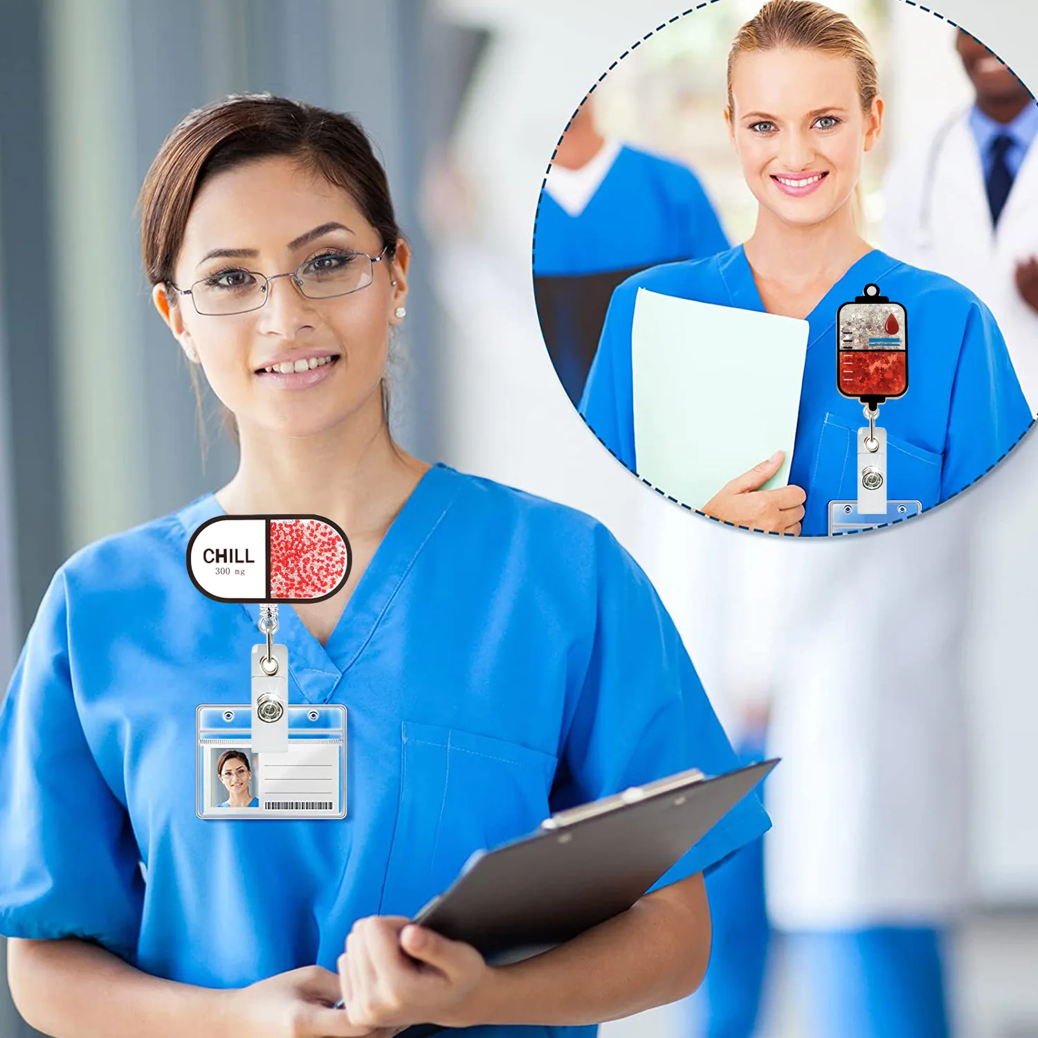 Acrylic Quicksand Pills Stethoscope Sling Bottle Rotating ID Badge Holder Doctor Nurse Retractable Badge Reel 6