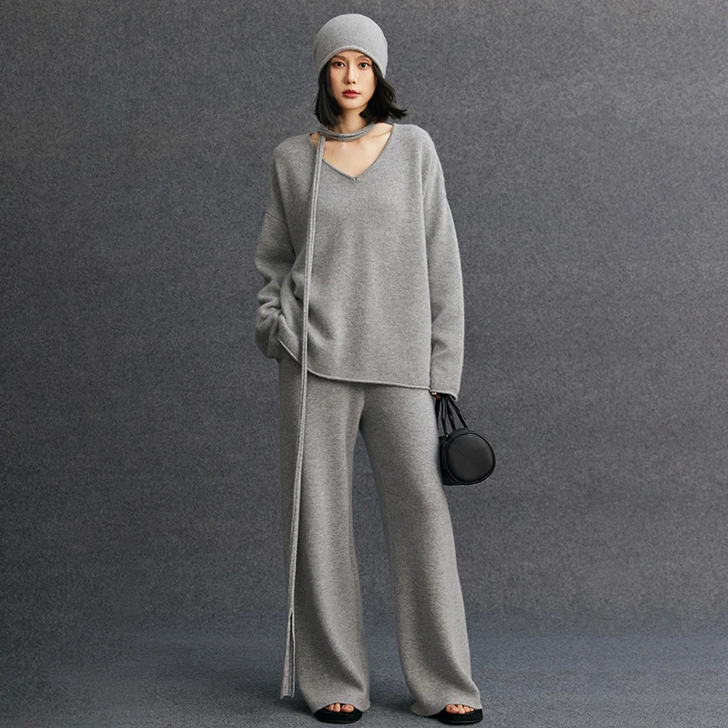 Women's matching set 100% cashmere loose rolled edge V-neck pullover sweater casual solid knitted wide leg pants two-piece set 2