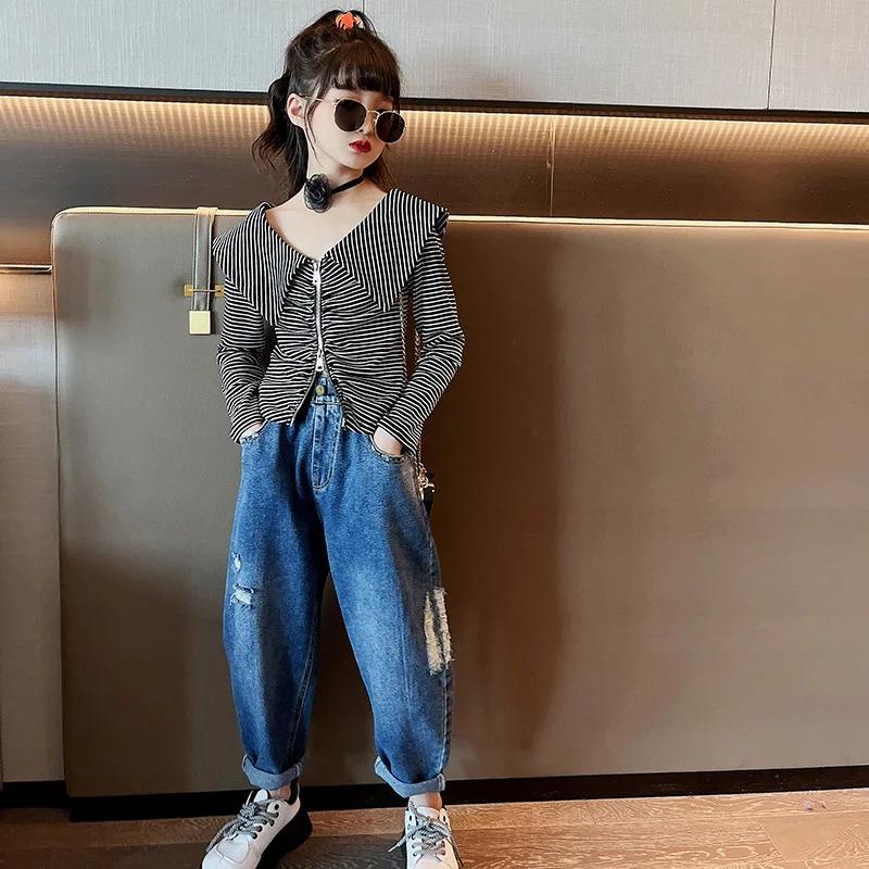 

kids Clothes for Teens Fashion Spring Autumn Shawl Collar Striped Tops Girls Casual Denim Pants High Waist Ripped Jeans 4-14 Yrs