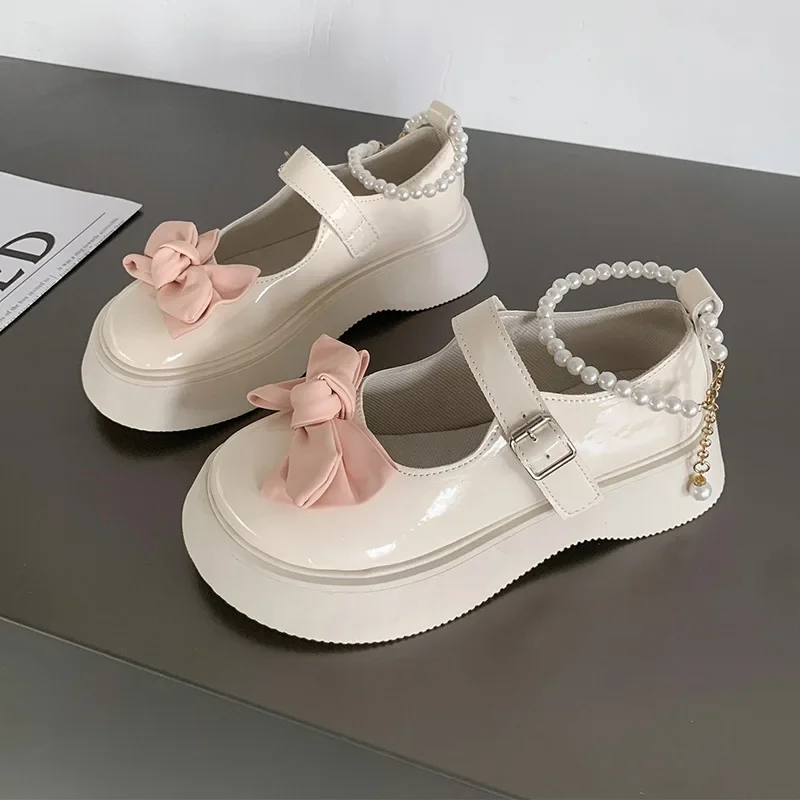 Women's Banquet Bowknot Thick-soled Shoes Spring and Autumn Fashion New Round Toe Solid Color Casual Mary Jane Shoes 3