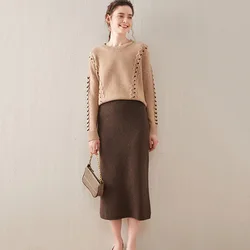 Korean Winter Cashmere Knitted long skirts for women y2k fashion Mid-Length High Waist A-line Skirts Female Wool Bottoms 2023