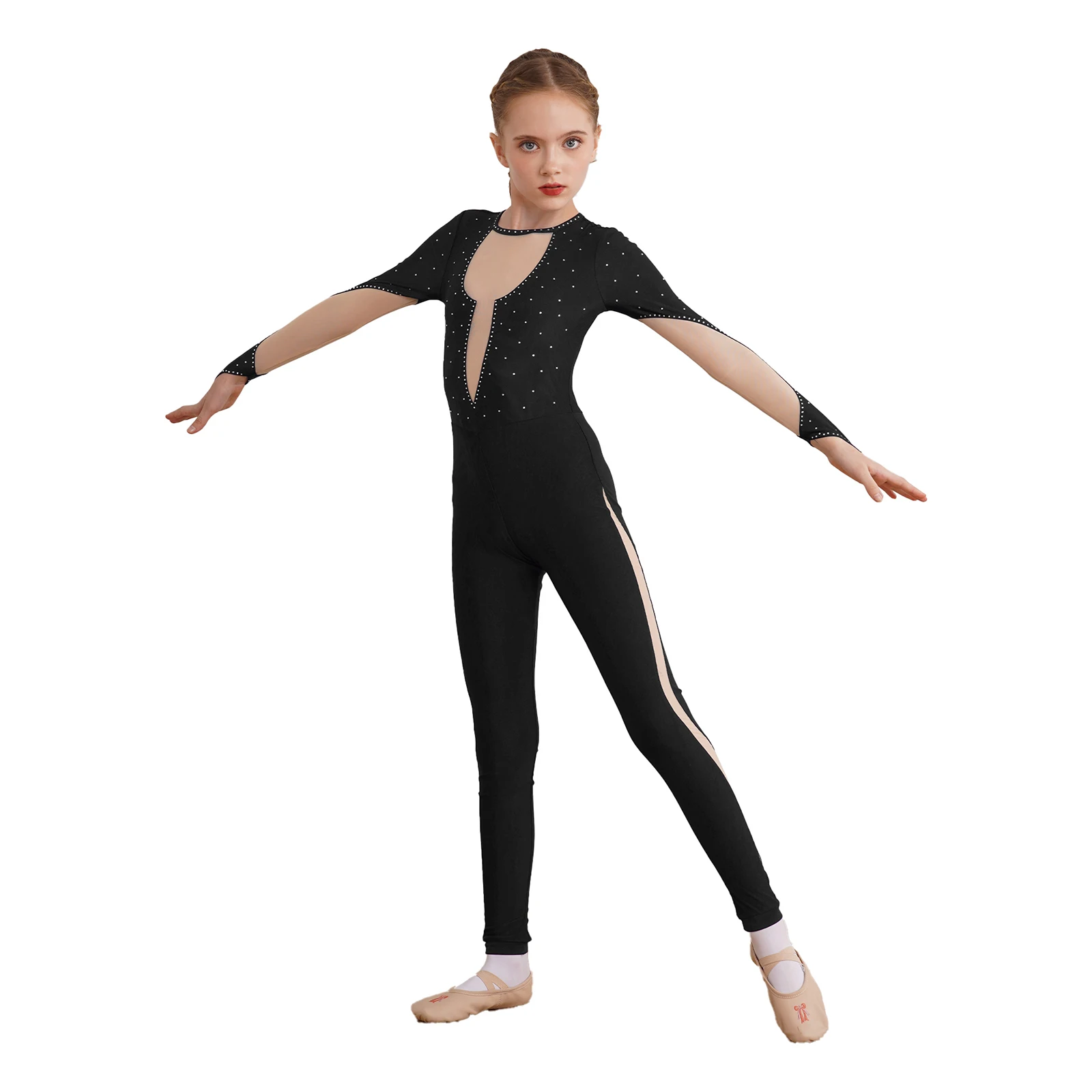 Kids Girls Ballet Dance Jumpsuit Acrobatics Gymnastics Leotards Long Sleeve Shiny Rhinestone Figure Skating Performance Bodysuit