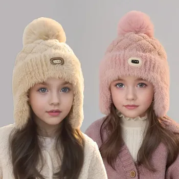 Kids Winter Hat with Ear Flaps Hat with Furry Pom-Pom & Plush Lining - Soft Warm Beanie for Boys & Girls for & 4-10 Y 1