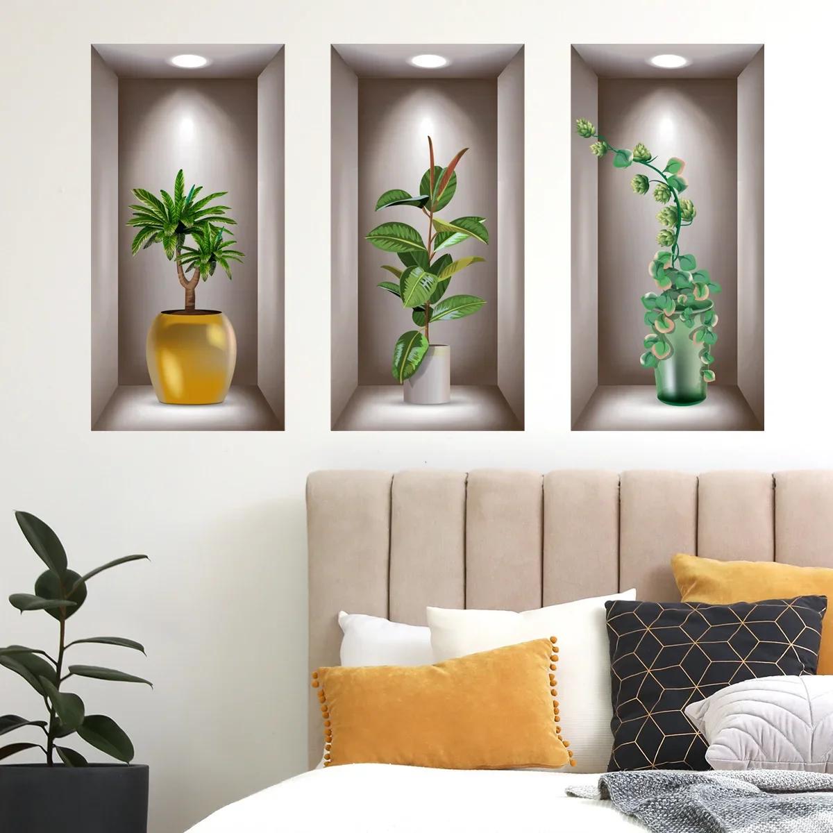 3 Sheets Green Plant Potted Plant Wall Sticker 3D False Window Wall Sticker Vinyl Living Room Background Decoration Decal